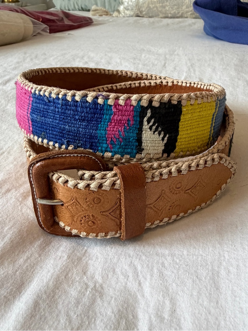Vintage Southwest Guatemala Tooled Leather Belt Colorful Handmade Size 36 Boho
